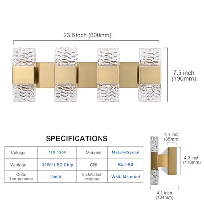 MELUCEE 4 Lights Bathroom Vanity Light Fixtures 3000K Warm Lighting | 23.6 in Modern LED Vanity Lighting Fixture Brass Crystal Vanity Light Bar 32W LED Wall Mounted Lamp Above Mirror Sink - color: Brass, size: 4 Lights
