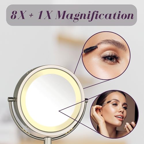 JERDON Hardwired Wall-Mount Makeup Mirror - 8X/1X - Nickel - HL75ND | 8.5" Diameter, 13.5" Wall Arm, LED Lighting, Direct Wire Installation - color: Nickel Direct Wire