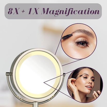 JERDON Hardwired Wall-Mount Makeup Mirror - 8X/1X - Nickel - HL75ND | 8.5" Diameter, 13.5" Wall Arm, LED Lighting, Direct Wire Installation - color: Nickel Direct Wire