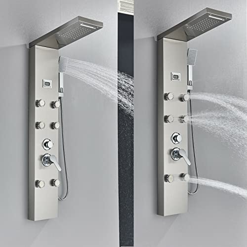 LED Light Shower Panel Tower Rainfall Waterfall Shower Head with Massager Jets Body System Jet Black B (Color : Brushed Nickel E) - color: Brushed Nickel E