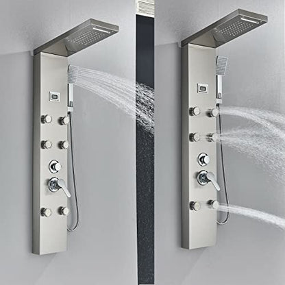 LED Light Shower Panel Tower Rainfall Waterfall Shower Head with Massager Jets Body System Jet Black B (Color : Brushed Nickel E) - color: Brushed Nickel E