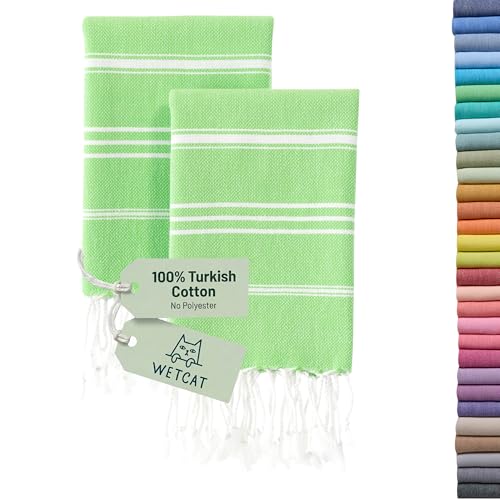 WETCAT Turkish Hand Towels with Hanging Loop, Set of 2 (20" x 30") 100% Turkish Cotton, Pre-Washed, Quick Drying, for Kitchen or Bathroom - Lime Green - color: Lime Green