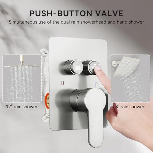 Shower System Brushed Nickel, STARBATH 12" Ceiling Mount Rain Showerhead and 8" Wall Mounted Rainfall Shower for Couples, On Off Button Valve Dual Head Shower Systems Complete - color: Brushed Nickel, size: 12+8 inch-15
