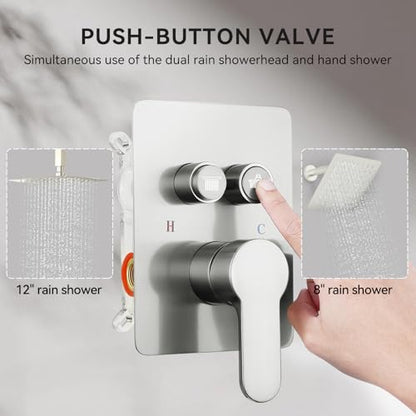 Shower System Brushed Nickel, STARBATH 12" Ceiling Mount Rain Showerhead and 8" Wall Mounted Rainfall Shower for Couples, On Off Button Valve Dual Head Shower Systems Complete - color: Brushed Nickel, size: 12+8 inch-15