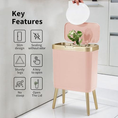 Procade Bathroom Trash Can with Lid,4 Gallon Gold and Pink Garbage Can,Slim | Tall Plastic Trash Bin with Legs and Press Top Lid,Narrow cute Small Waste Basket for Room, Bedroom,Office,Kitchen,RV,Laundry - color: Pink
