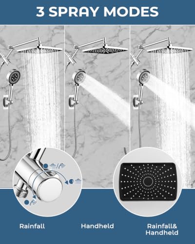 Shower Head with Handheld,High Pressure Chrome Rain Shower Head | Regaderas Para Shower,11.8" Rectangular,Rainfall Shower Head,Dual Shower Head,Bathroom Decor,Extension Arm,7 Spray Mode - color: B-Chrome, style: Rectangular 12"