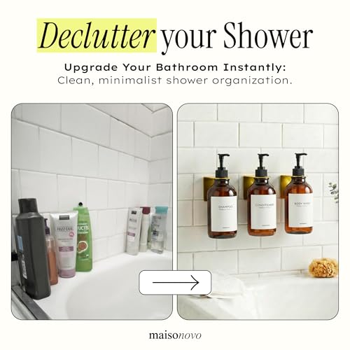 Shampoo and Conditioner Dispenser Wall Mounted Set of 3 Amber Gold - No Drill Shower Soap Dispenser for Bathroom Refillable - Spa Hotel Style Accessories by MaisoNovo - color: Amber Gold Set of 3