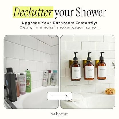 Shampoo and Conditioner Dispenser Wall Mounted Set of 3 Amber Gold - No Drill Shower Soap Dispenser for Bathroom Refillable - Spa Hotel Style Accessories by MaisoNovo - color: Amber Gold Set of 3