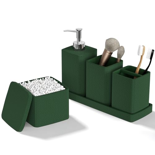 Dark Green Bathroom Accessories Set 5 Pieces, Resin Toothbrush Holders Set Complete with Soap Dispenser, Toothbrush Holder, Vanity Tray, Bathroom Tumbler and Qtip Holder for Small Spaces - size: 5 Pcs Bathroom Set, style: Dark Green