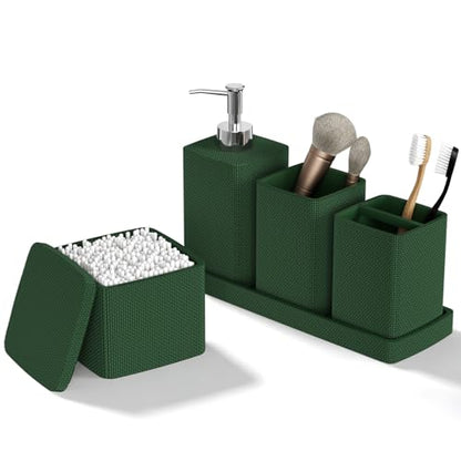 Dark Green Bathroom Accessories Set 5 Pieces, Resin Toothbrush Holders Set Complete with Soap Dispenser, Toothbrush Holder, Vanity Tray, Bathroom Tumbler and Qtip Holder for Small Spaces - size: 5 Pcs Bathroom Set, style: Dark Green