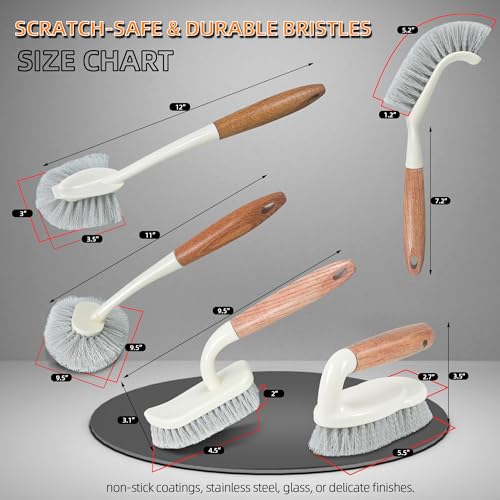 5-Pack Heavy Duty Scrub Brushes Set with Wooden Handles | Multi-Surface Scrubber for Kitchen,Bathroom,Tile & Grout,Includes Spherical,Triangle,Square & Dish Brush for Stubborn Stains