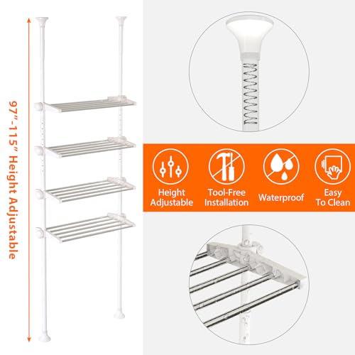 4-Tier Over The Toilet Storage Shelf, 4.5-9.5 FT Adjustable Bathroom Organizer, Heavy Duty Metal Shelves Above Behind Toilet Laundry, Space-Saving Shelving for Small Rooms, No Drill, White - color: White