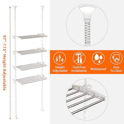 4-Tier Over The Toilet Storage Shelf, 4.5-9.5 FT Adjustable Bathroom Organizer, Heavy Duty Metal Shelves Above Behind Toilet Laundry, Space-Saving Shelving for Small Rooms, No Drill, White - color: White
