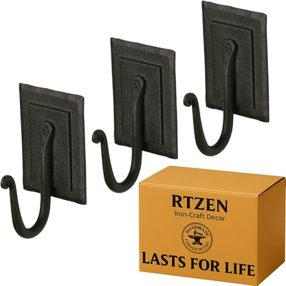Wall Mount Hook Set - Wrought Iron Decorative Rustic Metal Coat Hooks for Hanging - Handcrafted Classic Farmhouse Wall Mounted Black Hooks for Towel Robe or Hat Hanging - 3 Pack - style: J-Hook Plate
