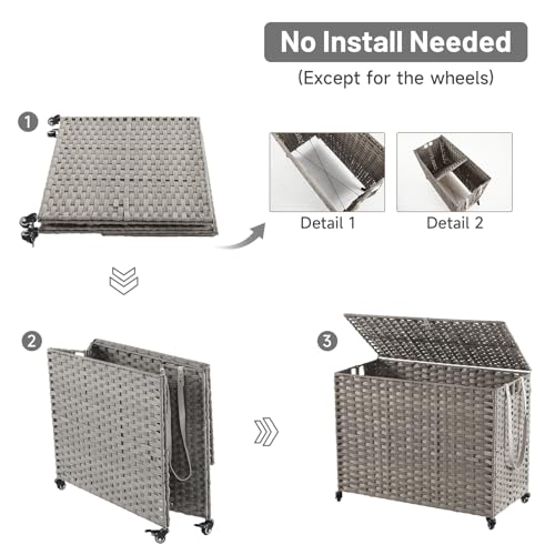 Laundry Hamper with Wheels, 60.72 Gallon(230L) Rolling Laundry Basket with Lid, Removable Large 3 Color Liners & 3 Mesh Laundry Bags, Clothes Hamper with Side Pocket, Grey - color: Grey, size: 35.43"L x 15.75"W x 25.6"H