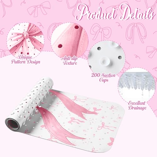 Breling Non-Slip Pink Bow Bathtub Shower Mat Extra Long (40" x 16") - Cute Bow Print Bath Mat with Drain Holes & Suction Cups, Machine Washable Coquette Preppy Bathmat for Bathroom Floor Women Girls - style: Pink Bow