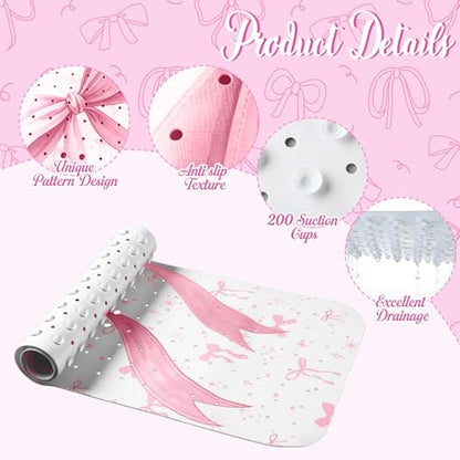 Breling Non-Slip Pink Bow Bathtub Shower Mat Extra Long (40" x 16") - Cute Bow Print Bath Mat with Drain Holes & Suction Cups, Machine Washable Coquette Preppy Bathmat for Bathroom Floor Women Girls - style: Pink Bow