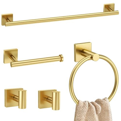 5 Pieces Brushed Gold Bathroom Hardware Set Towel Bar Set Stainless Steel Wall-Mounted Bathroom Accessories Set 23.6 Inch Towel Racks for Bathroom - color: Brushed Gold