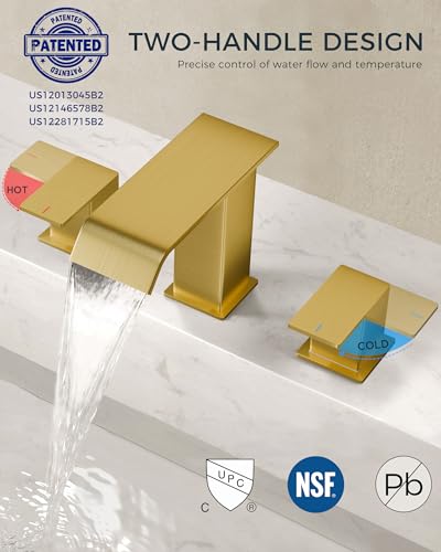 FORIOUS Bathroom Sink Faucets 3 Hole 2 Pack 8 Inch Widespread Brushed Gold | 3-hole 4-12 Inch Widespread Sink, Square Waterfall Spout, with Drain and Hoses,for Vanity Rv Commercial Lavatory Restroom - color: Brushed Gold x2PCS