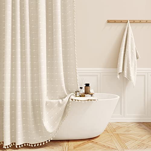 60x72 Boho Farmhouse Linen Heavy Duty Shower Curtain Set, Cream/Beige | Narrow Size, 330GSM Linen Blend, 3-side Tassels, Water Repellent Fabric, 10 Plastic Hooks, Rustic Style, Machine Washable - color: A - Cream, size: 60"W x 72"L (Pack of 1)