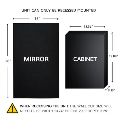 TEHOME Recessed Mount 16x26'' Squared Rectangle Silver Bathroom Medicine Cabinet with Mirror Silver Metal Framed Rectanglular Medicine Cabinet 2 Adjustable Glass Shelves - color: Sliver