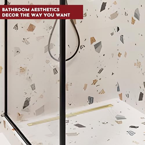 28 Inch Ultra Narrow Linear Shower Drain, Brushed Gold Extra Slim Shower Drain, 304 Stainless Steel, Easy to Install and Clean for Bathrooms (Drain Base Not Included), LSDE8-31A-28G - color: Brushed Gold, size: 28 Inch