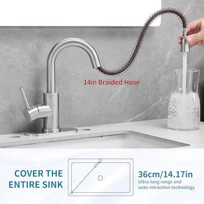 Brushed Bathroom Sink Faucet with Pull Out Sprayer for 1 Hole,Bar Sink with Pop-Up Drain,Single Handle Small Kitchen Faucet with 4 in Deck Plate,360°Swivel Faucet for Farmhouse Vanity - color: Brushed Nickel, style: Pull out-R