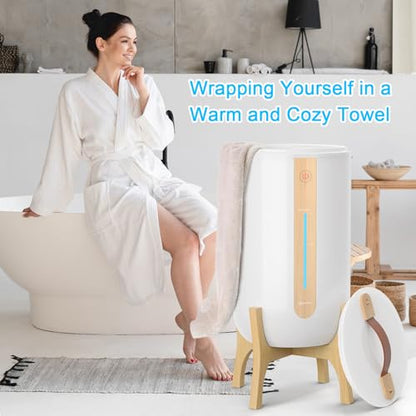 Keenray Towel Warmer for Bathroom, Towel Warmer Bucket with Heating Progress Bar, Fragrance Disc Holder, Leather Handle, Auto Shut-Off Towel Bucket Fits Up to Two 40" x 70" Towels, Blankets White - color: White/Wood, size: 19L