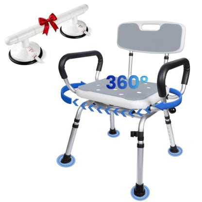 Swivel Shower Chair with Handle 500lbs Adjustable Arms & Back 360° Rotating | 360° Swivel, 5-Level Height Adjust, Non-Slip Feet, Tool-Free Assembly With Extra Suction Bath Grab Bar - size: Gray Set