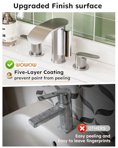 WOWOW Waterfall Bathroom Faucet 3 Holes 8Inch Widespread Bathroom Sink Faucet, Two Handles Brushed Nickel Bathroom Faucet with Pop-up Drain & Supply Hoses, Modern Faucet Mixer Taps Brushed Nickel - color: Brushed Nickel