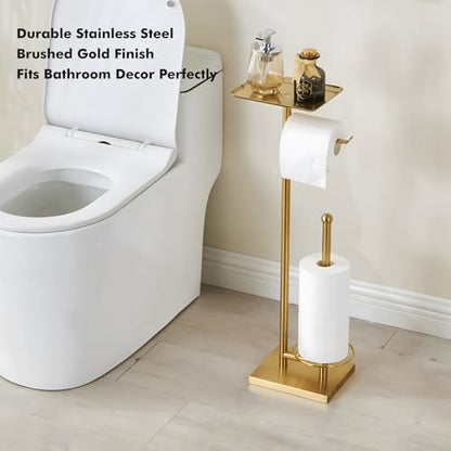 Toilet Paper Holder with Tray At the Top, Heavy-Weighted Base No Wobbly, Freestanding Toilet Paper Rolls Stand, Hold Extra 3 Paper Rolls On the Base (Gold) - color: Gold