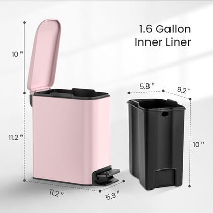 Cesun Small Bathroom Trash Can with Lid, 1.6 Gal, Soft Close, Pink | Step pedal soft close, Slim 5.9in fits narrow spaces, Stainless steel, Anti-fingerprint, Removable inner bucket, Odor seal - color: Pink