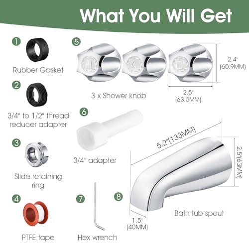 Bathtub Faucet and Shower Knobs Replacement,Easy to Install Tub Spout Set for 1/2" Copper Pipe,1/2" IPS and 3/4" IPS with Install Tool - color: Chrome