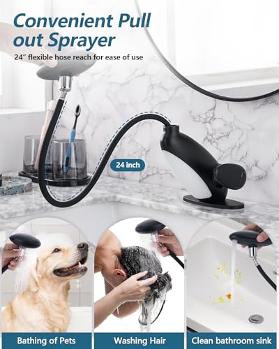 Pull Out LED Bathroom Faucet, 4 Modes Single Handle Waterfall Bathroom Sink Faucet, 3 Colors Light Changing Stainless Steel Bath Faucets, 360° Rotating LED Faucets 1 Hole, 1 Pack, Matte Black - color: Matte Black