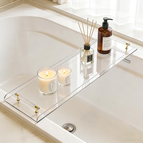 Clear Acrylic Bathtub Caddy Tray with Gold Handles for Luxury Bathroom Bathtub, 31 x 9 Inch