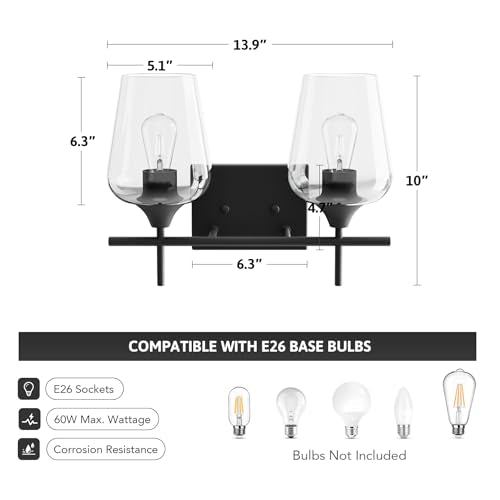 VONLUCE 2 Light Bathroom Vanity Light Fixture,Matte Black | Wine Glass Shades, E26 Sockets, Easy to install, Vanity Lights for Bathroom Bedroom Hallway Living Room - color: Black, size: 2-Light