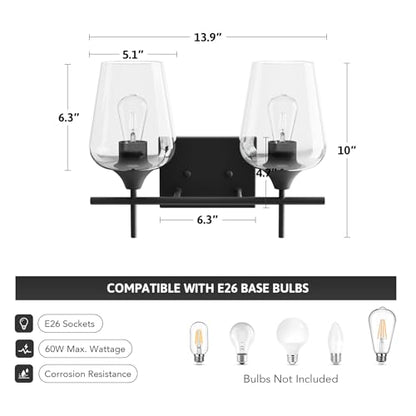 VONLUCE 2 Light Bathroom Vanity Light Fixture,Matte Black | Wine Glass Shades, E26 Sockets, Easy to install, Vanity Lights for Bathroom Bedroom Hallway Living Room - color: Black, size: 2-Light