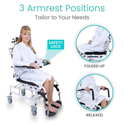 Vive Reclining Shower Chair with Wheels - Commode Wheelchair for Seniors, Disabled & Handicap - Padded Transfer Rolling Chairs w/Arms - Portable, Waterproof Shower Chair - Reclines for Easy Hair Wash | Disabled & Handicap - Padded Transfer Rolling Chairs