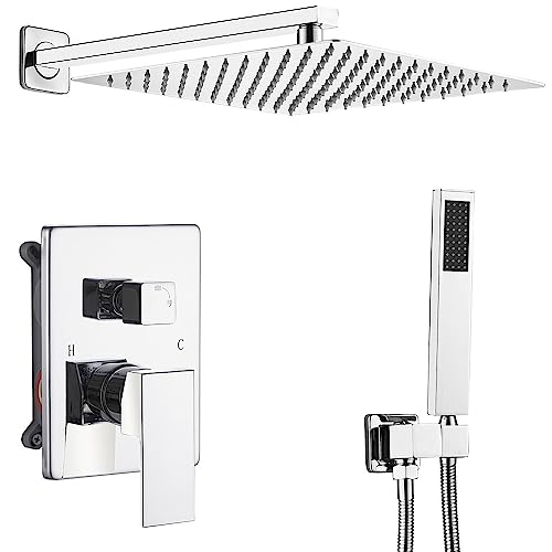 Shower Faucet Set Polished Chrome Surface Large 12 Inch Shower Head Handheld Shower Combo Set High Pressure Recessed Wall Mount, Chrome - color: Polished Chrome, style: 12"- 2 Function