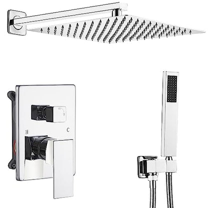 Shower Faucet Set Polished Chrome Surface Large 12 Inch Shower Head Handheld Shower Combo Set High Pressure Recessed Wall Mount, Chrome - color: Polished Chrome, style: 12"- 2 Function