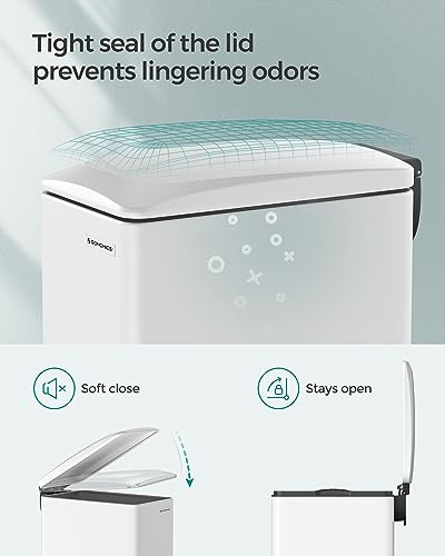 SONGMICS Slim Trash Can, 13-Gallon (50 L) Garbage Can for Narrow Spaces with Soft-Close Lid, Inner Bucket, and Step-on Pedal, Stainless Steel, 15 Trash Bags Included, White ULTB510W48 - color: White, style: 13 Gal.
