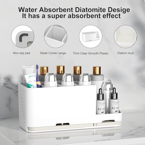 Bathroom Countertop Organizer with Water Absorbent Diatomite,8 Slots Bathroom Toothbrush Holder with Adjustable Dividers,Bathroom Sink Organizer Countertop (White) - color: White
