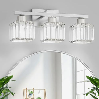 comzler 3-Light Bathroom Light Fixtures Over Mirror, Brushed Nickel Crystal Wall Sconce with E26 Base for Mirror Kitchen Living Room Bathroom, Square Crystal Shades (Bulbs Excluded) - size: Square