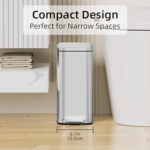 KSSKSS 1.6 Gallon/6L Small Bathroom Steel Step Trash Can, Soft-Close Lid & Fingerprint-Proof, Slim Wastebasket for Narrow Spaces (Silver) - color: Silver
