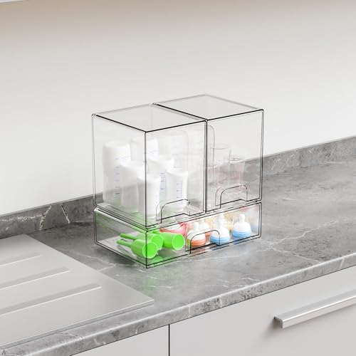 3 Set Baby Bottle Organizer for Countertop,BPA Free Bottle Station Organizer for Breast Pump Parts,Pacifier and Baby Accessories,Clear Stackable Storage Drawers and Home Edit Storage Containers - style: 3 PACK