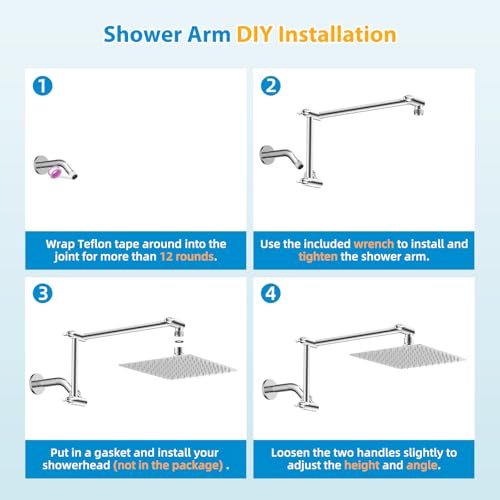 All-Metal 16" Shower Head Extension Arm, G1/2" Universal/Adjustable, Chrome | Flexible Brass Shower Head Extender Adjustable Height/Angle, Stainless Steel Rain Shower Pipe Height Extended with Lock Joint - color: Chrome, size: 16 Inch