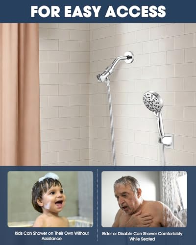 Handheld Shower Head with 6.56ft Extra Long Hose, On Off Switch 8-Seting High Preesure Hand Held Showerhead, Low-Reach Adhesive Holder for Kid, Disable& Elder (Chrome) - color: Chrome