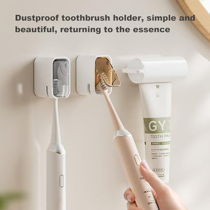 ROOM127 Wall Mounted Toothbrush Holder Set with Toothpaste Dispenser, Gray | 3-Piece Set with 2 Covered Holders, Automatic Toothpaste Squeezer and Ventilated Storage for Manual or Electric Brushes - color: Gray