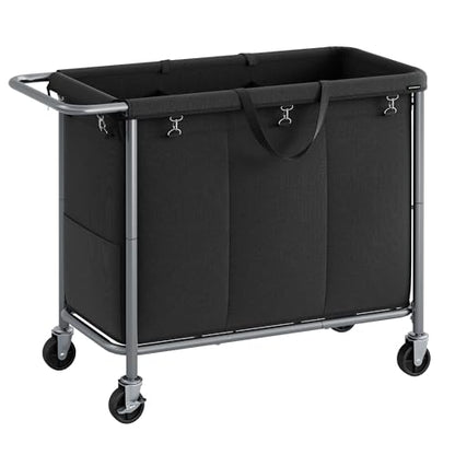 SONGMICS Laundry Basket with Wheels, 3-Section Rolling Laundry Hamper, 52.8 Gallons (200 L), Removable Liner, Steel Frame with Handle, 35.8 x 15.4 x 31.9 Inches, Ink Black URLS005B01 - color: Ink Black, size: 200 L (3-Section)