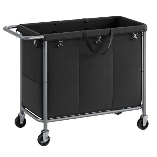 SONGMICS Laundry Basket with Wheels, 3-Section Rolling Laundry Hamper, 52.8 Gallons (200 L), Removable Liner, Steel Frame with Handle, 35.8 x 15.4 x 31.9 Inches, Ink Black URLS005B01 - color: Ink Black, size: 200 L (3-Section)